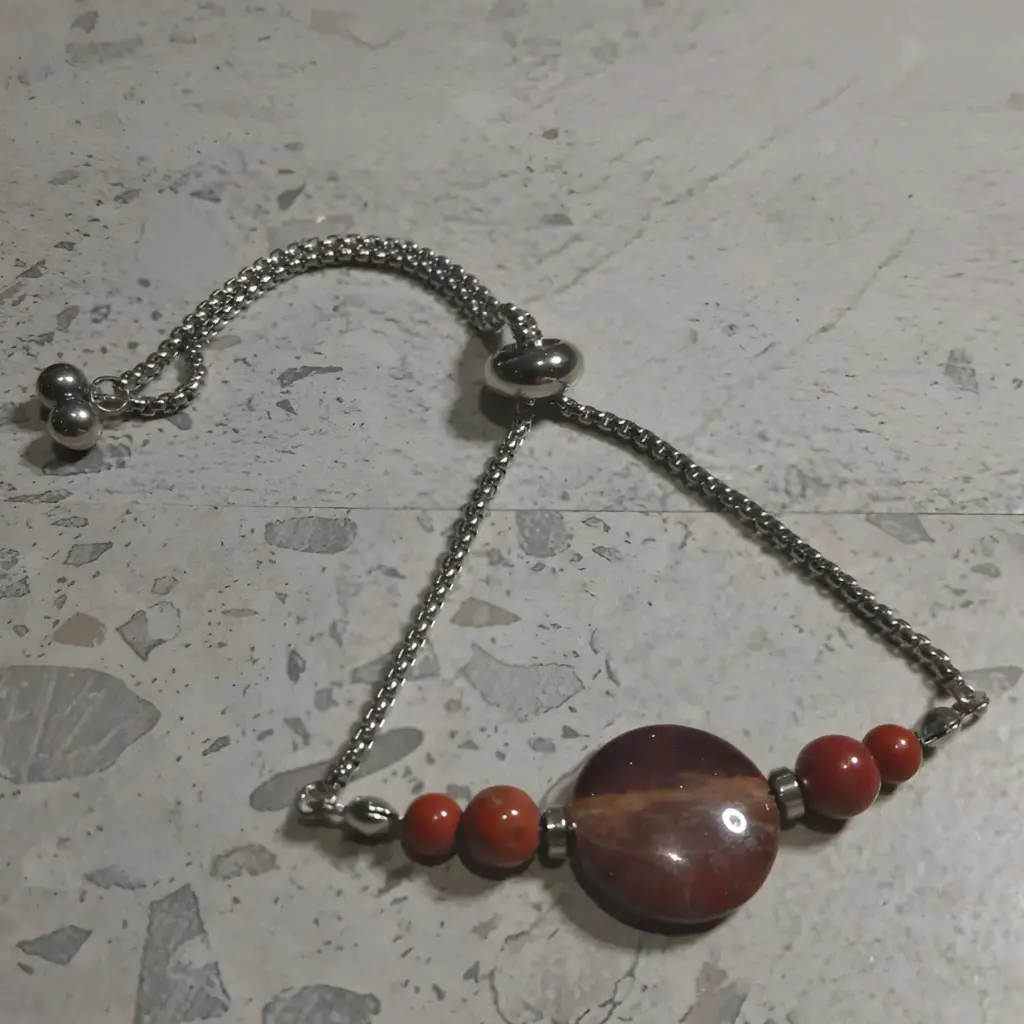 Natural Red Jasper stainless steel slider bracelet