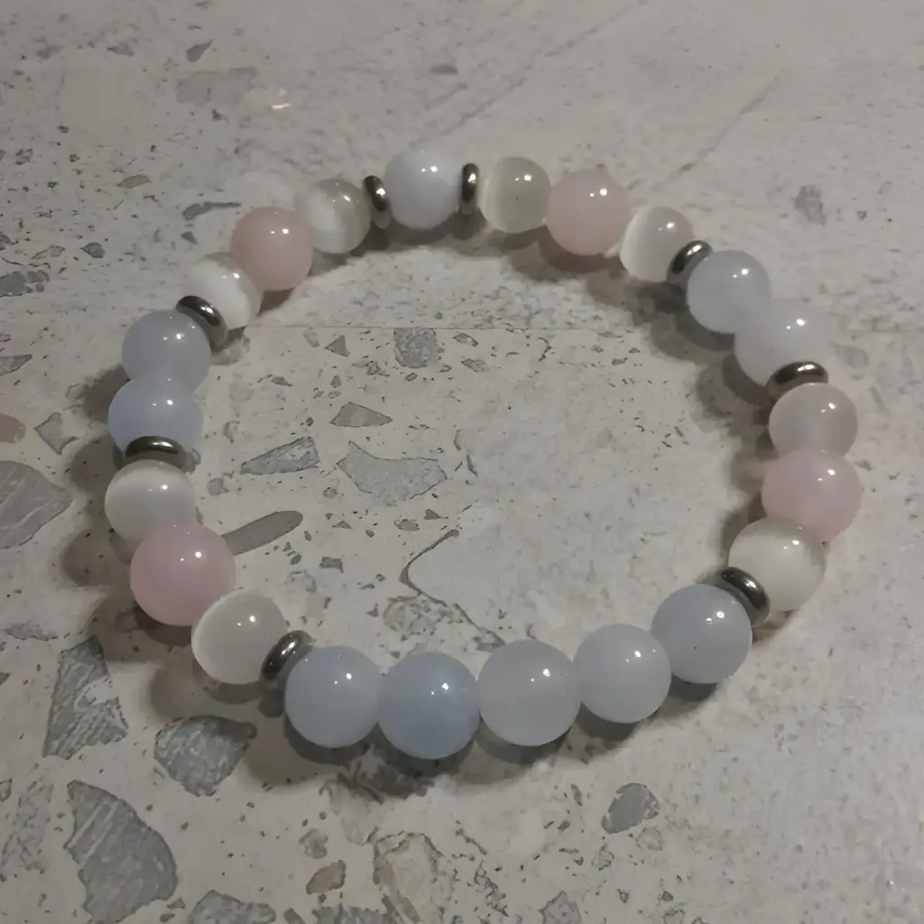 Natural Aquamarine, Rose Quartz and Cat's eye stretch bracelet