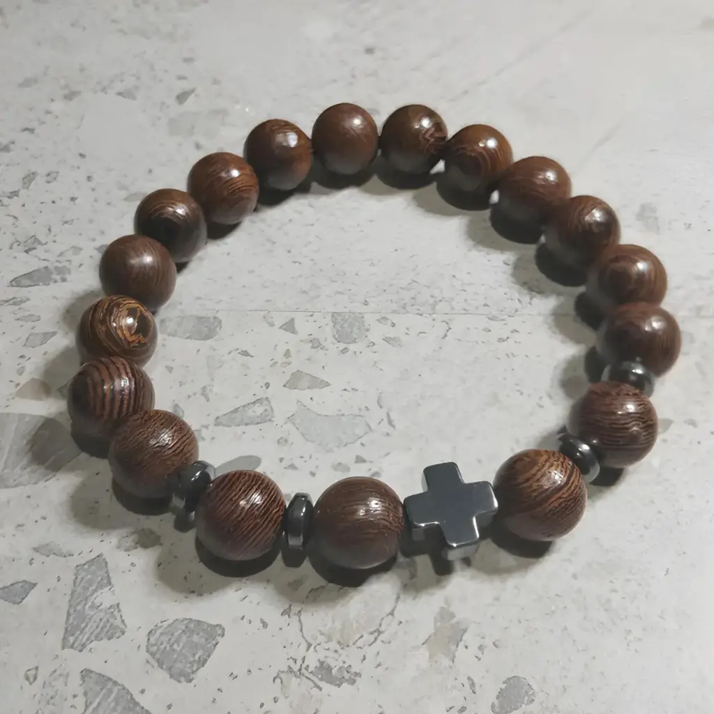 Stretch Bracelet with wooden beads and hematite cross