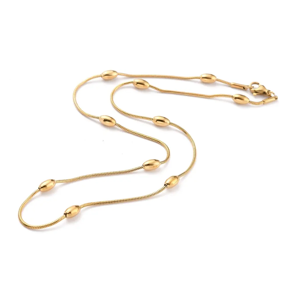 304 Stainless Steel Round Snake Chain Necklaces, with Oval Beads and Lobster Claw Clasps, Golden