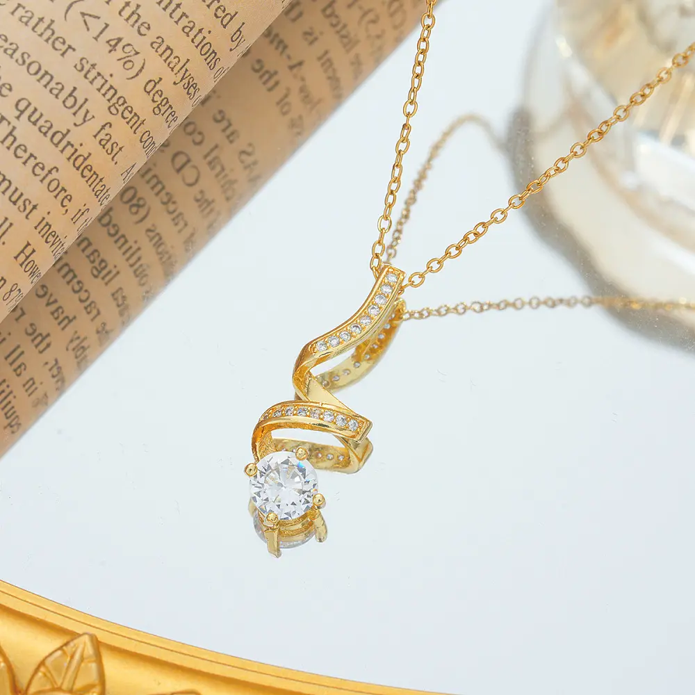 Spiral Shaped 304 Stainless Steel Micro Pave Clear Cubic Zirconia Pendant Necklace, Golden