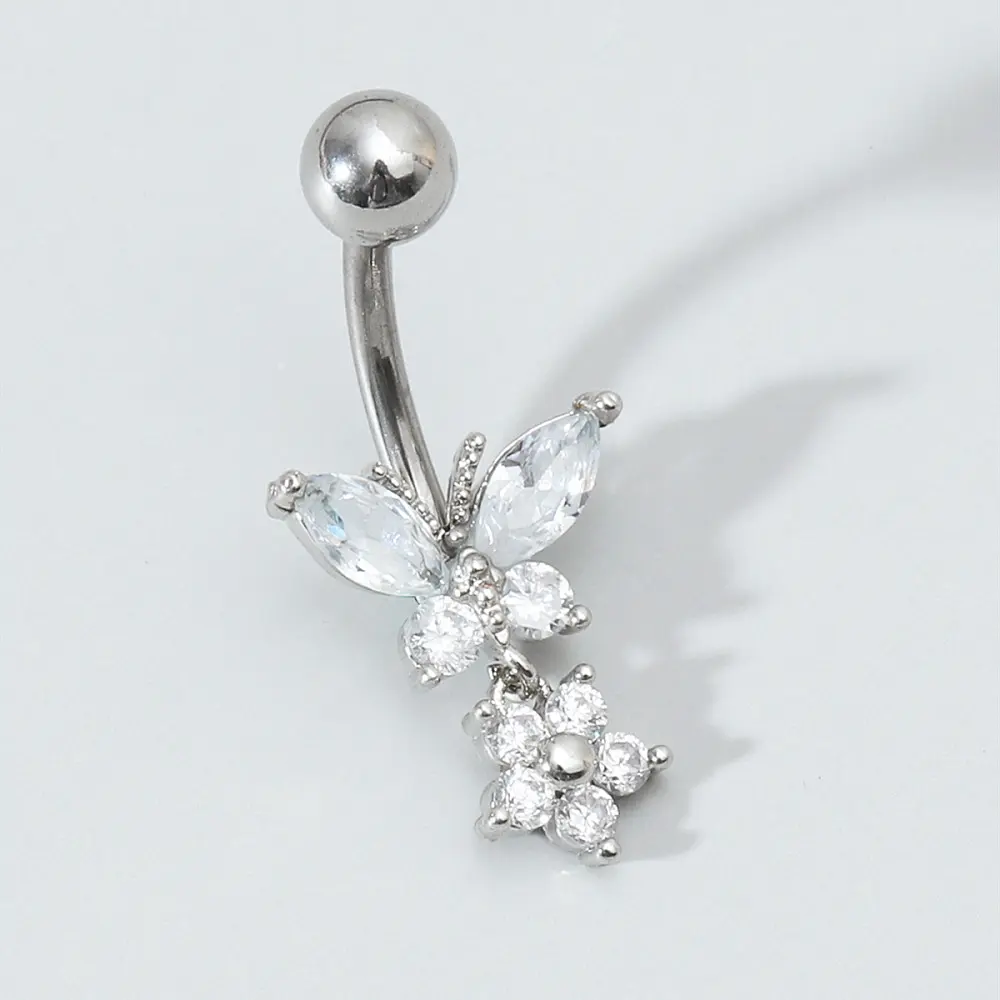 316L Surgical Stainless Steel Belly Rings, with Micro Pave Cubic Zirconia, Butterfly, Stainless Steel Color