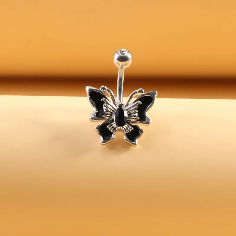 [bel60] 316L Surgical Stainless Steel Black Cubic Zirconia Butterfly Curved Barbell Belly Ring