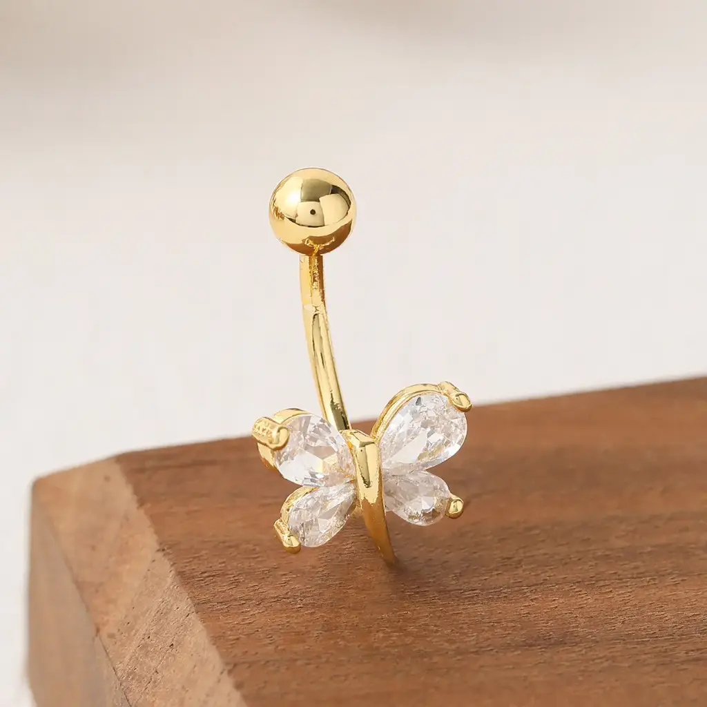 [bel65] Butterfly Stainless Steel Geometric Piercing Navel Ring With Cubic Zirconia stones 