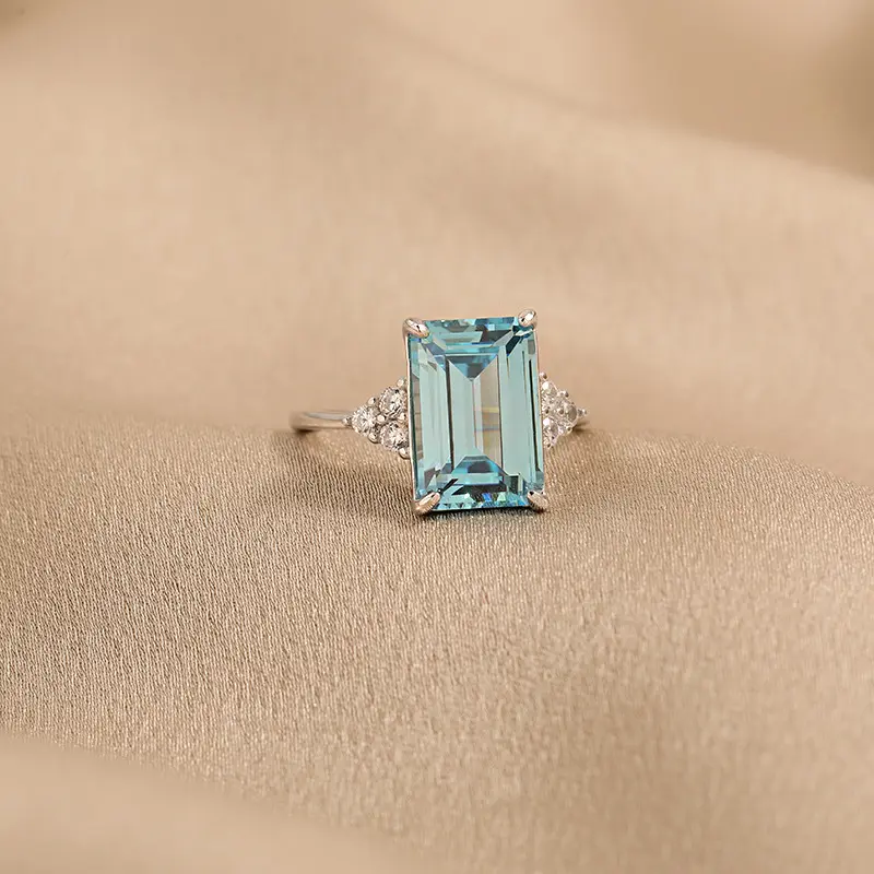 [ring212] S925 Sterling Silver Rectangular Sea Blue Zircon Ring - Size 8