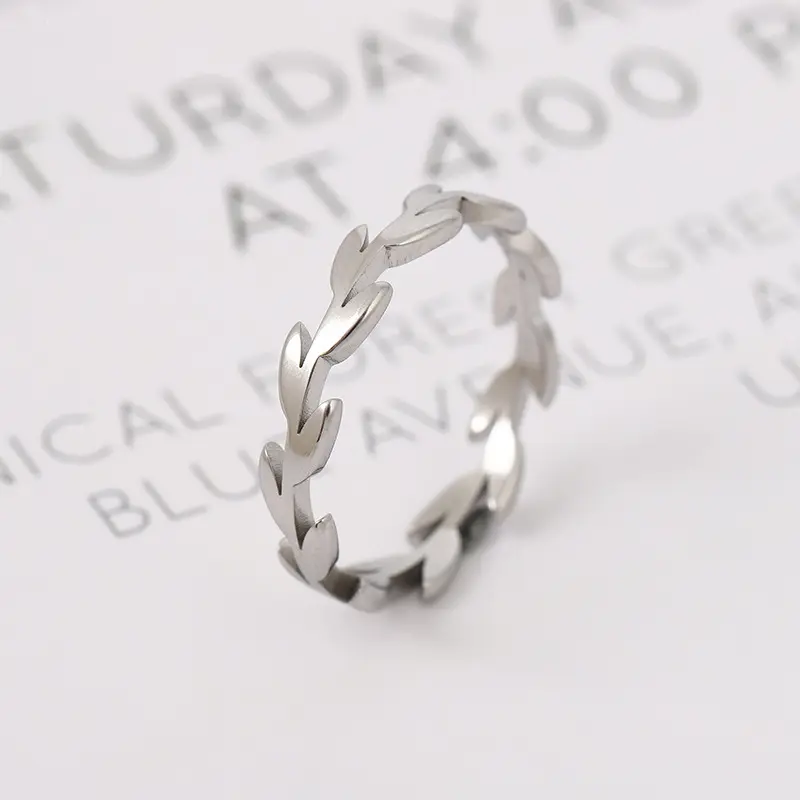 [ring225] Stainless Steel Leaves Ring  - Size #9