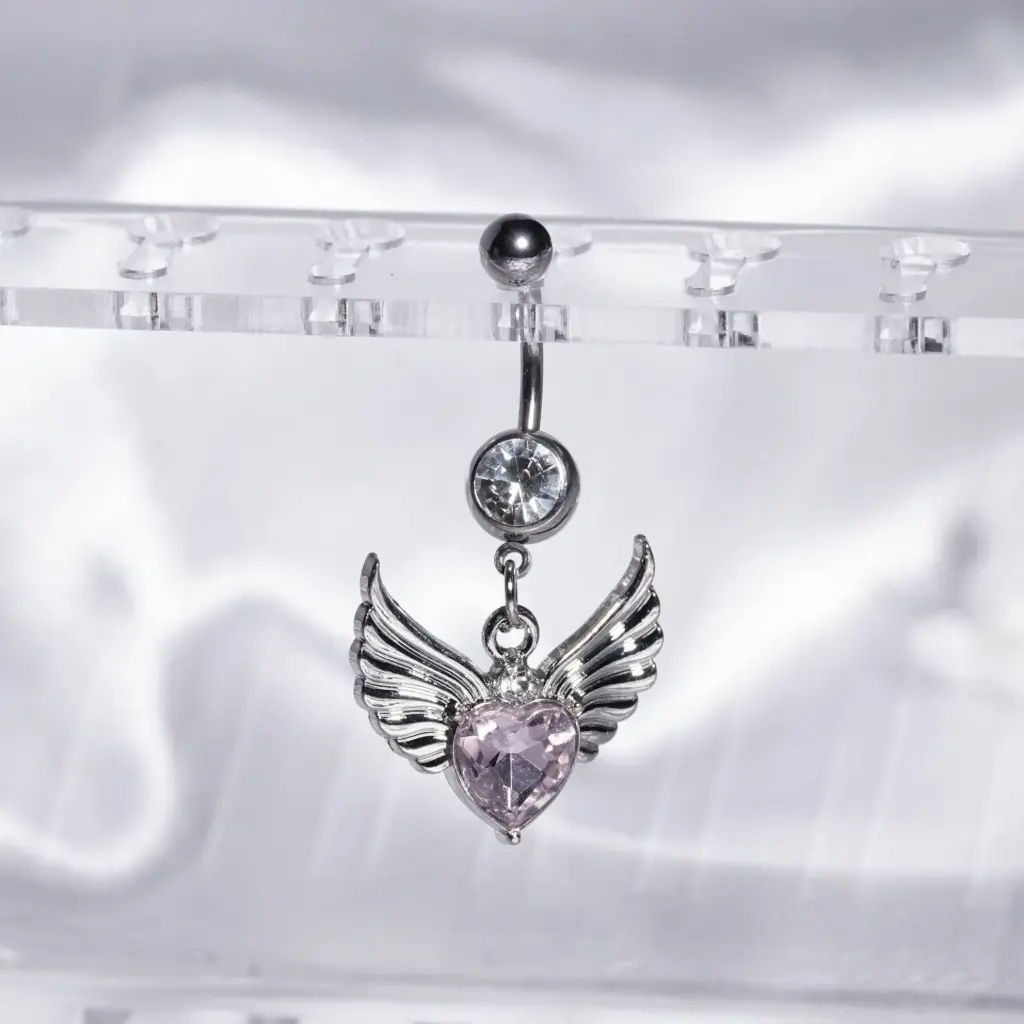 [bel68] Pink Butterfly Heart Zircon Embedded Belly Button Ring - 316 Stainless Steel