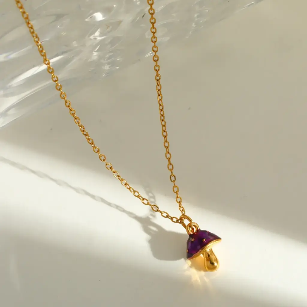 Cute Small Stainless Steel 18K Gold Mushroom Pendant Necklace