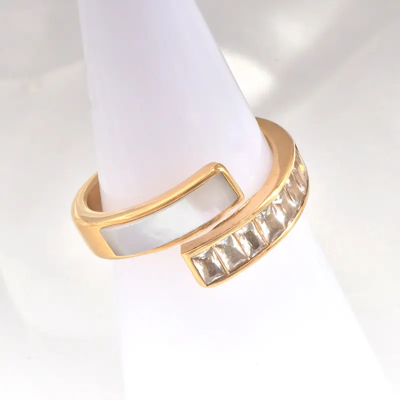 Real Gold Plated 18K Gold Geometric Stainless Steel Simple Style Waterproof Non Tarnish Ring with shell and cubic zirconia inlays- #9