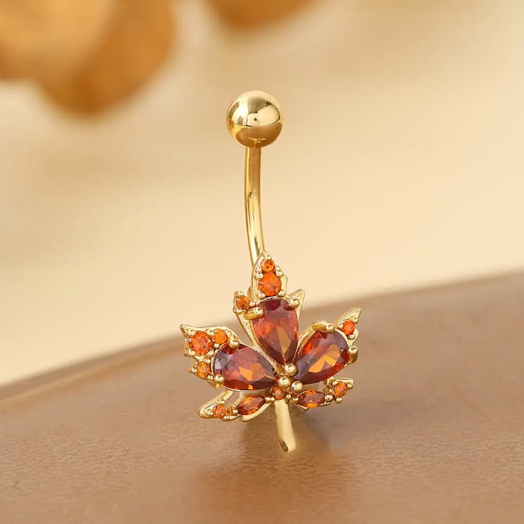 Red Flower Zircon Maple Leaf Belly ring - Stainless steel