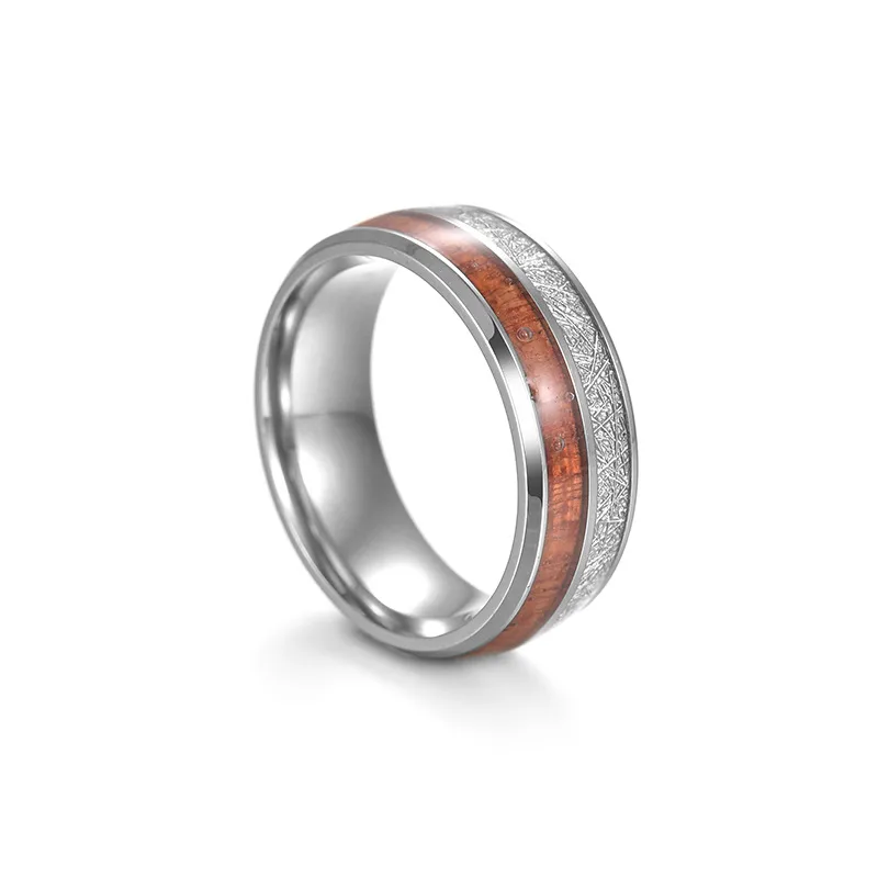 [ring239] Round Stripe 304 Stainless Steel and Wood ring- Size #12