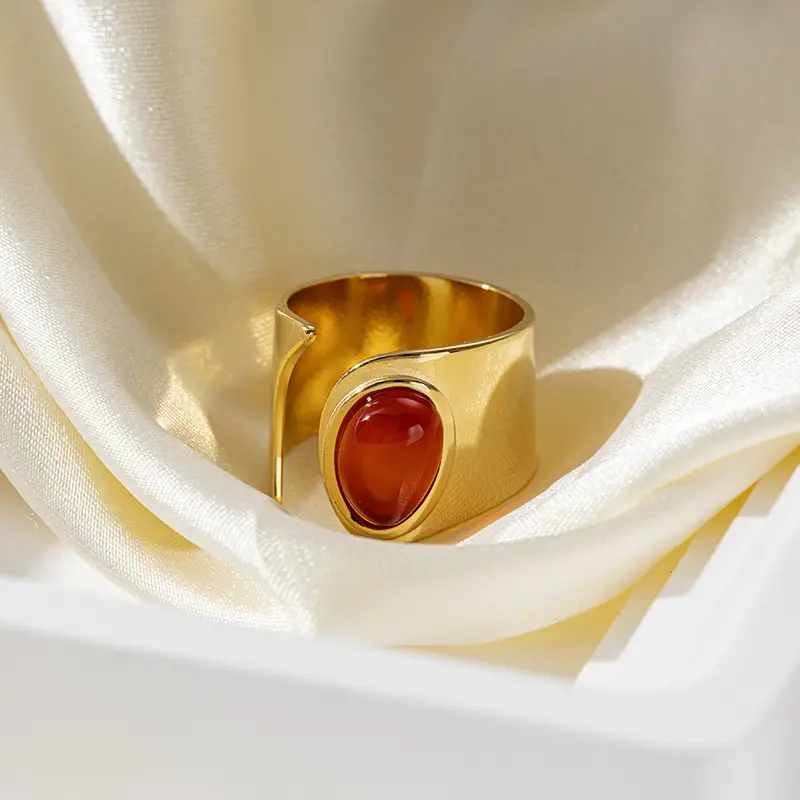 18K Real Gold Plated Geometric Titanium Steel Waterproof Non Tarnish Open Ring with Red Agate stone