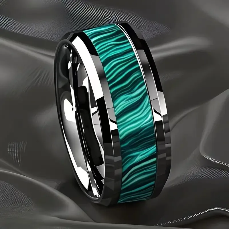 Stainless steel ring with green stripes- size #13