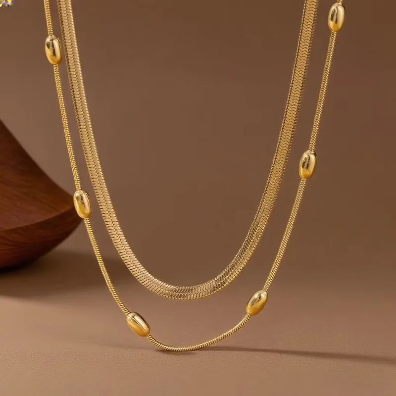 [neck252] Titanium Steel Double Layered Necklace And Clavicle Chain Pearl Beads