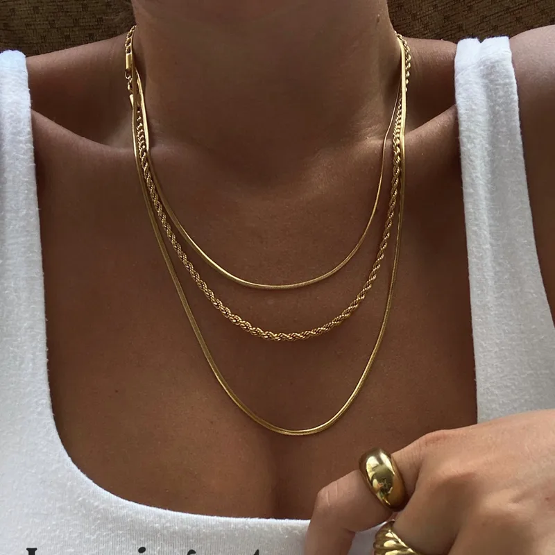 [neck256] Stainless Steel Gold Plated 3 Layered Necklaces