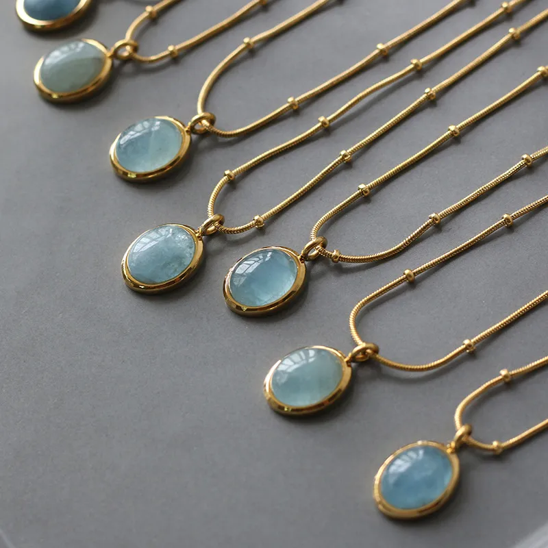 [neck259] Titanium Steel 18k Gold Plated Necklace with light blue stone pendant