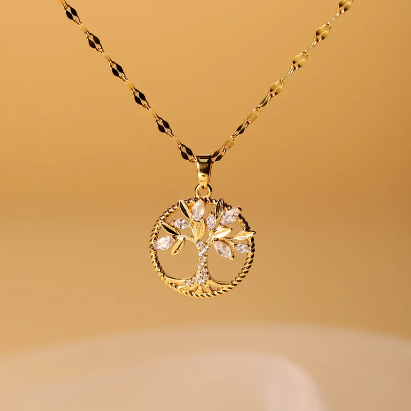 [neck264] Tree of Life Stainless Steel necklace with cubic zirconia