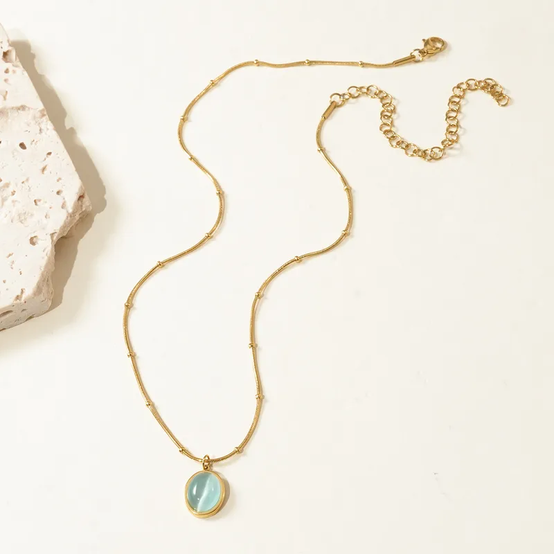 304 Stainless Steel Cat's Eye Stone 14K Gold Plated Inlay Pendant Necklace 