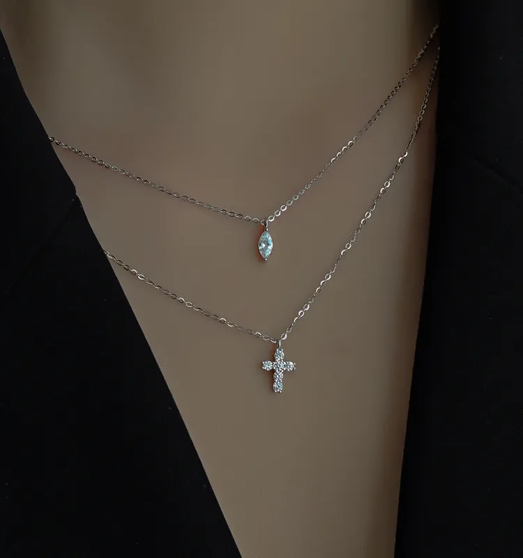 [neck271] Double layer Cross Waterproof Non Tarnish 304 Stainless Steel Necklace