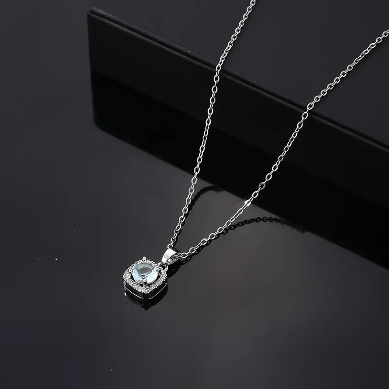 [neck275] 304 Stainless Steel Necklace with light blue square cubic zirconia charm