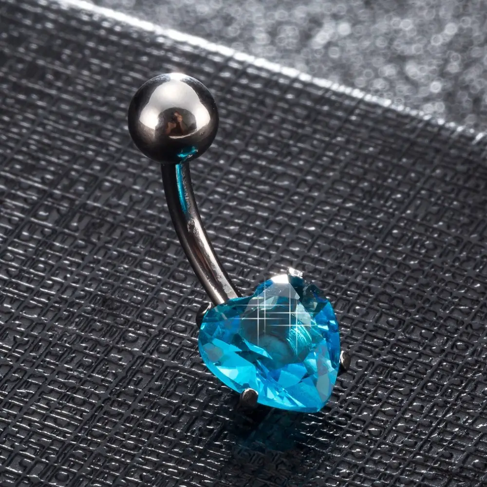Cubic Zirconia Navel Ring, Heart, Platinum, Deep Sky Blue