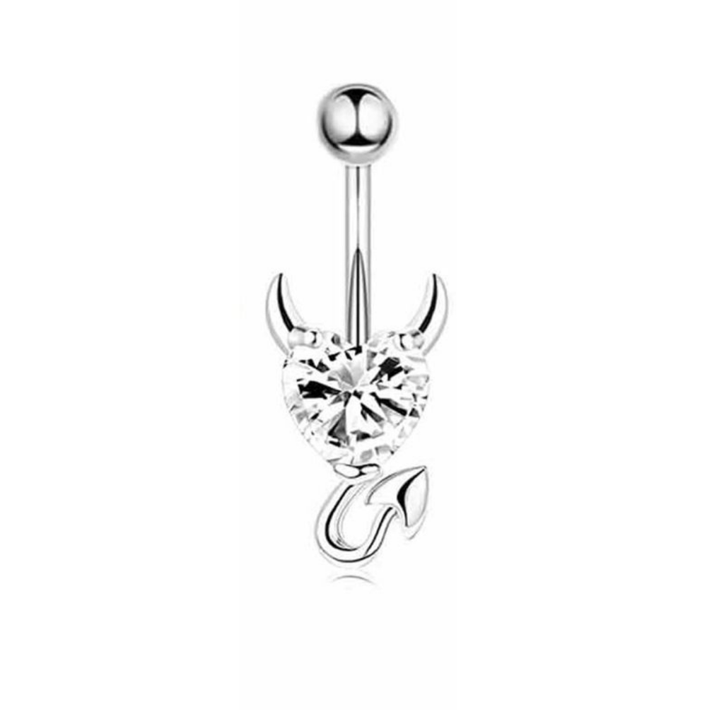 Stainless Steel devil belly ring with cubic zirconia stone