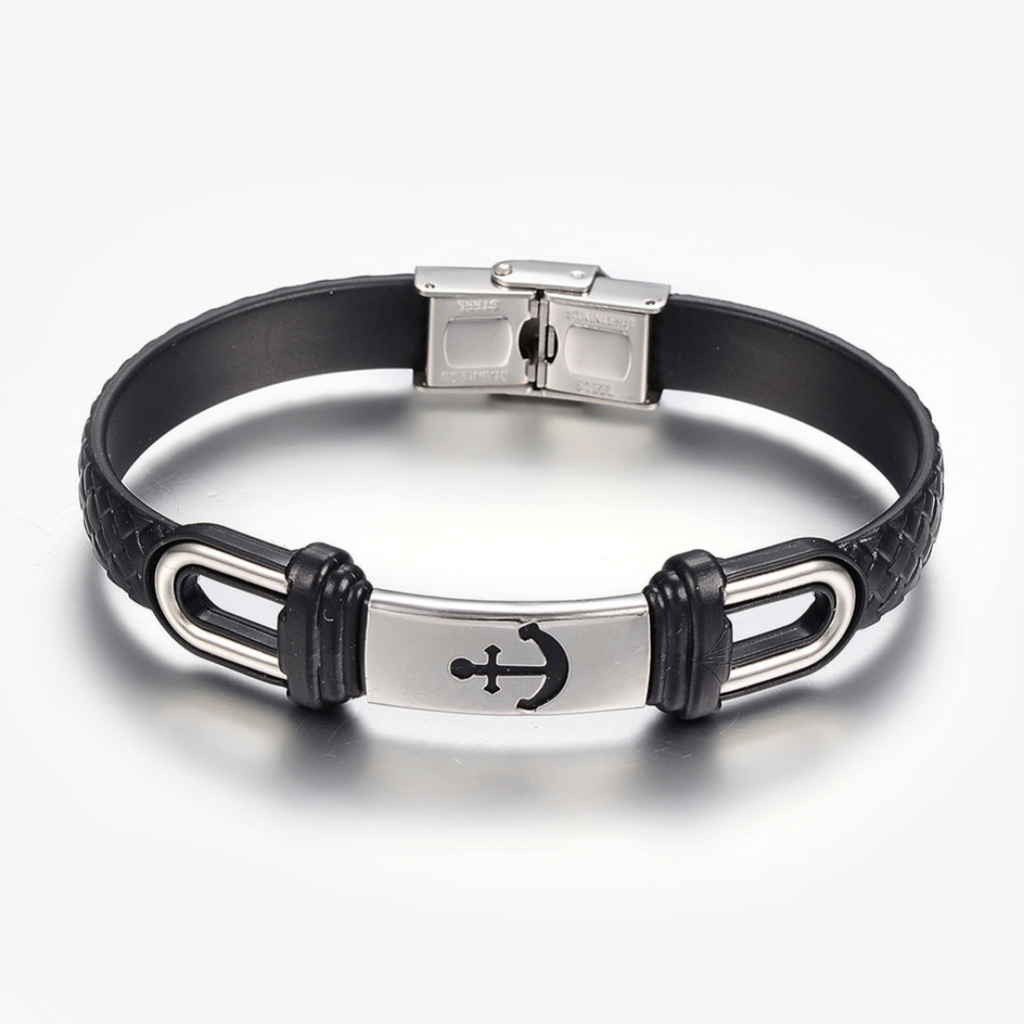 [brace08] PU Leather Braided Cord Bracelets, with 304 Stainless Steel Finding, Rectangle with Anchor, Black