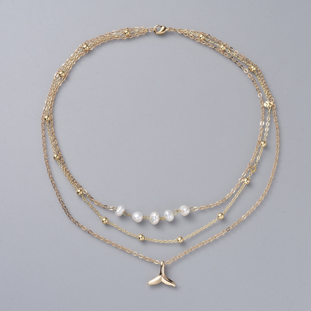 3 Layered Necklaces, with Natural Pearl, Brass Chains and Pendants, Whale Tail Charm