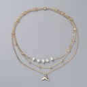 3 Layered Necklaces, with Natural Pearl, Brass Chains and Pendants, Whale Tail Charm