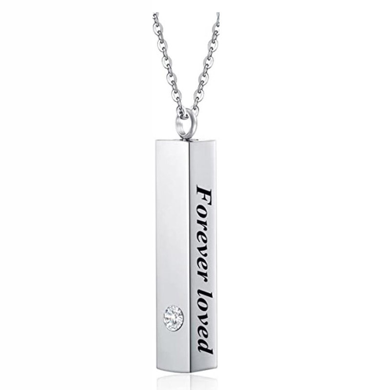 Cuboid with Word Forever Loved Urn Ashes Pendant Necklace with Rhinestone, 201 Stainless Steel Memorial Jewelry 