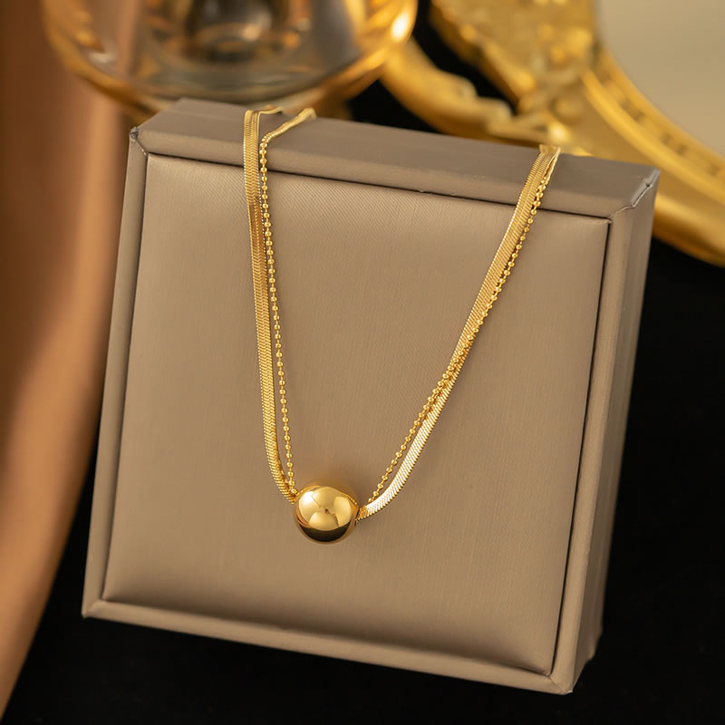 Gold Titanium Steel Ball Snake Bone Double Layer Necklace