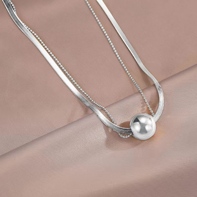 Silver Titanium Steel Ball Snake Bone Double Layer Necklace