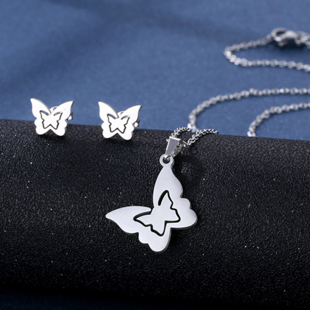 Stainless Steel Butterfly Necklace Stud Earrings Set