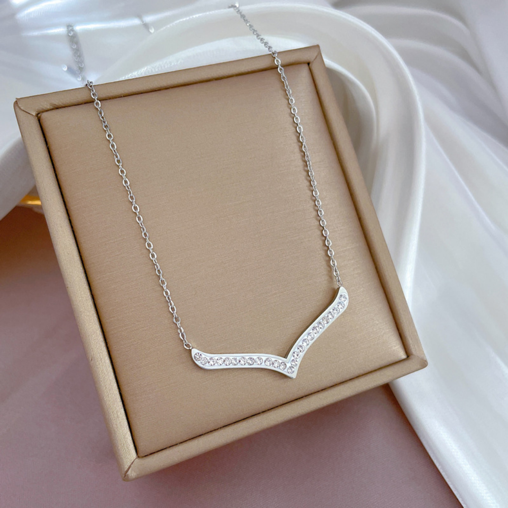 Titanium Steel Geometric V Necklace With cubic zirconia stones