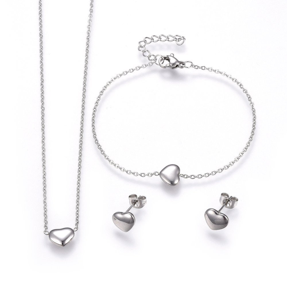 Stainless Steel Jewelry Set, Heart Pendant Necklace, Stud Earrings & Bracelet