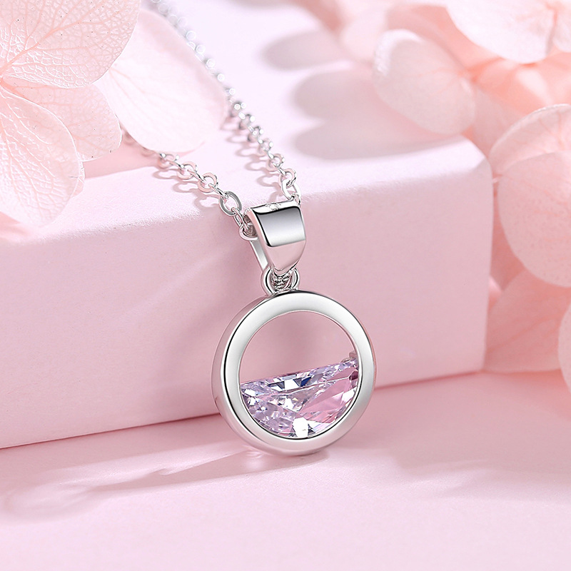 [neck54] Sterling Silver Round pendant with half round Cubic Zirconia Stone on a Sterling Silver Necklace