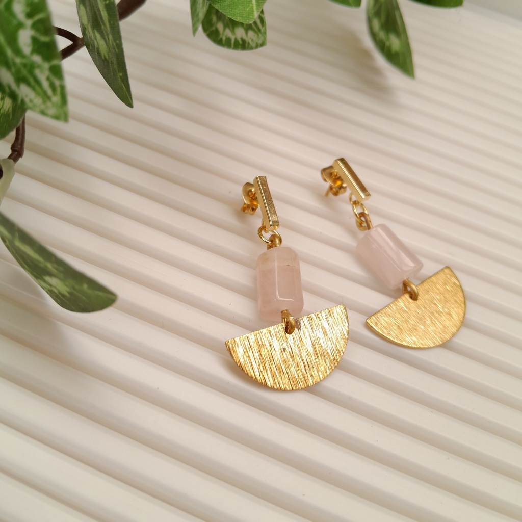Gold Stainless Steel earring studs with Rose Quartz beads