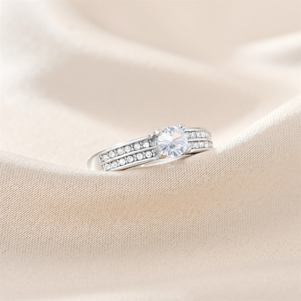 Silver Titanium Steel ring with Inlaid Cubic Zirconia Stones- Size #7