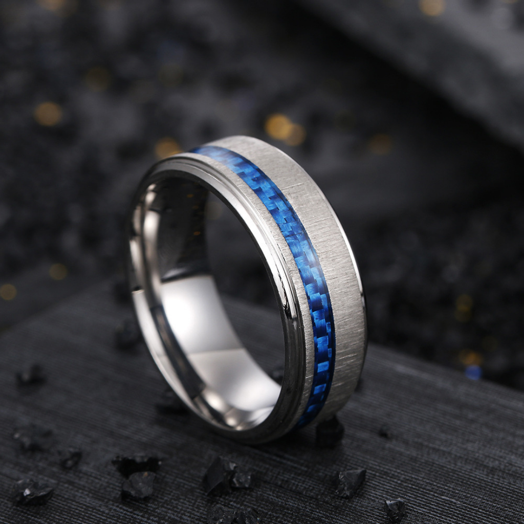 Silver Titanium Steel Brushed Ring with Blue inlay - Size #12