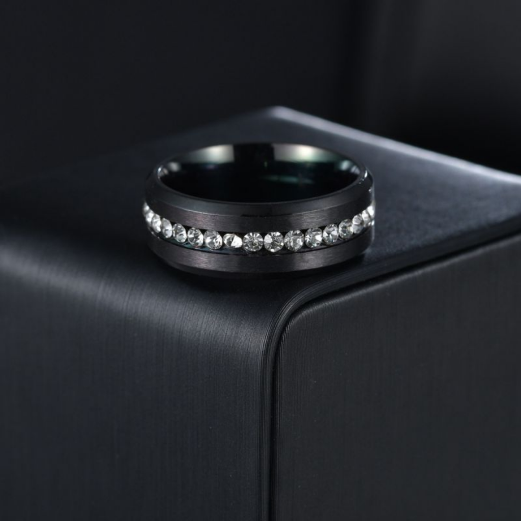 Black Stainless Steel Ring with Cubic Zirconia Stone inlay allround - Size #11