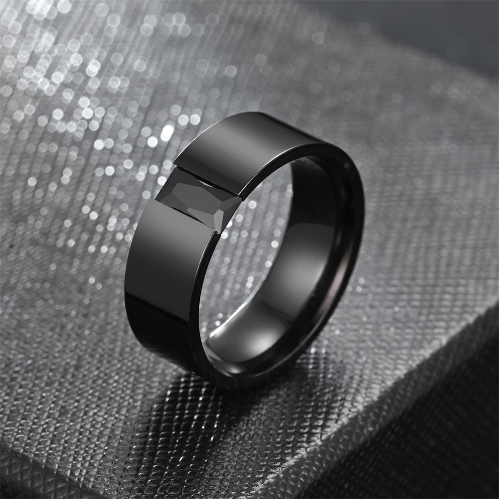 8mm Black Stainless Steel Ring with Black Cubic Zirconia - Size #13