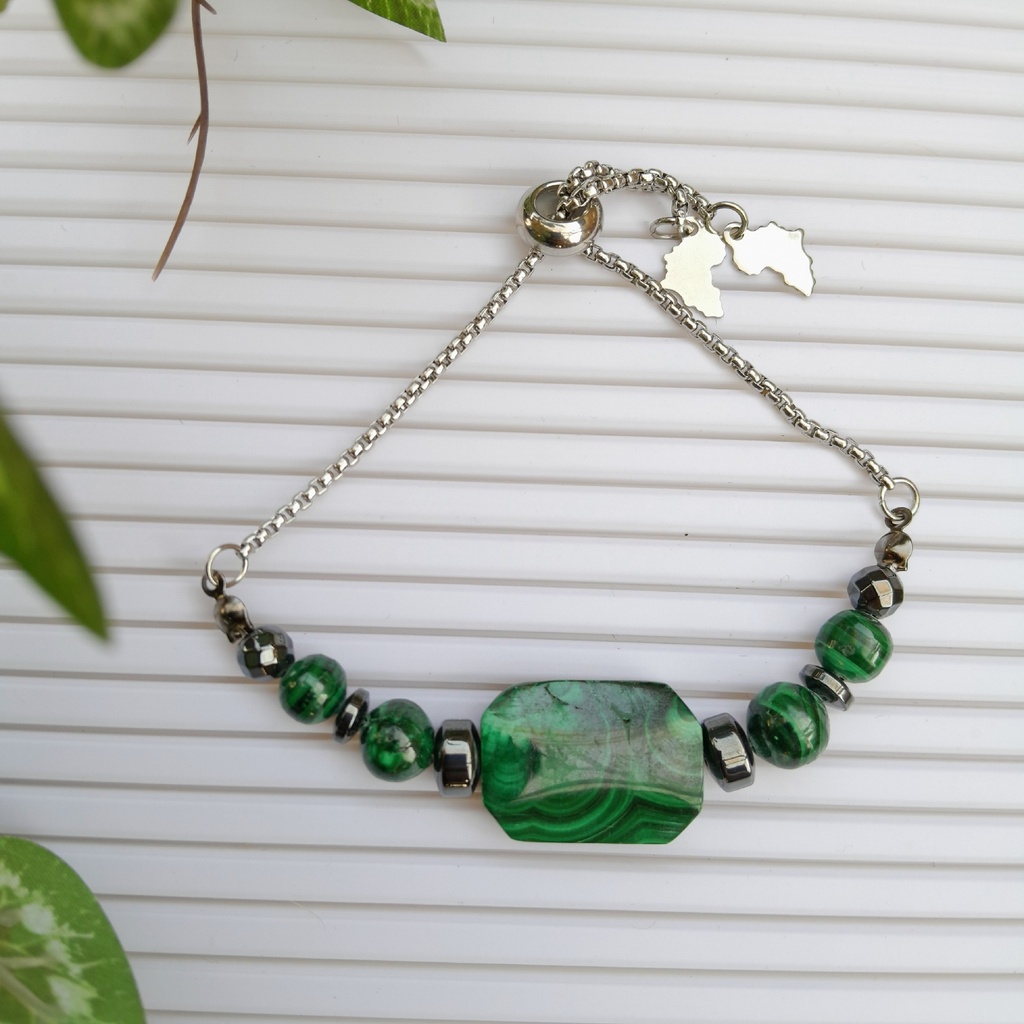 Stainless Steel Slider bracelet made with Natural Malachite Stones  