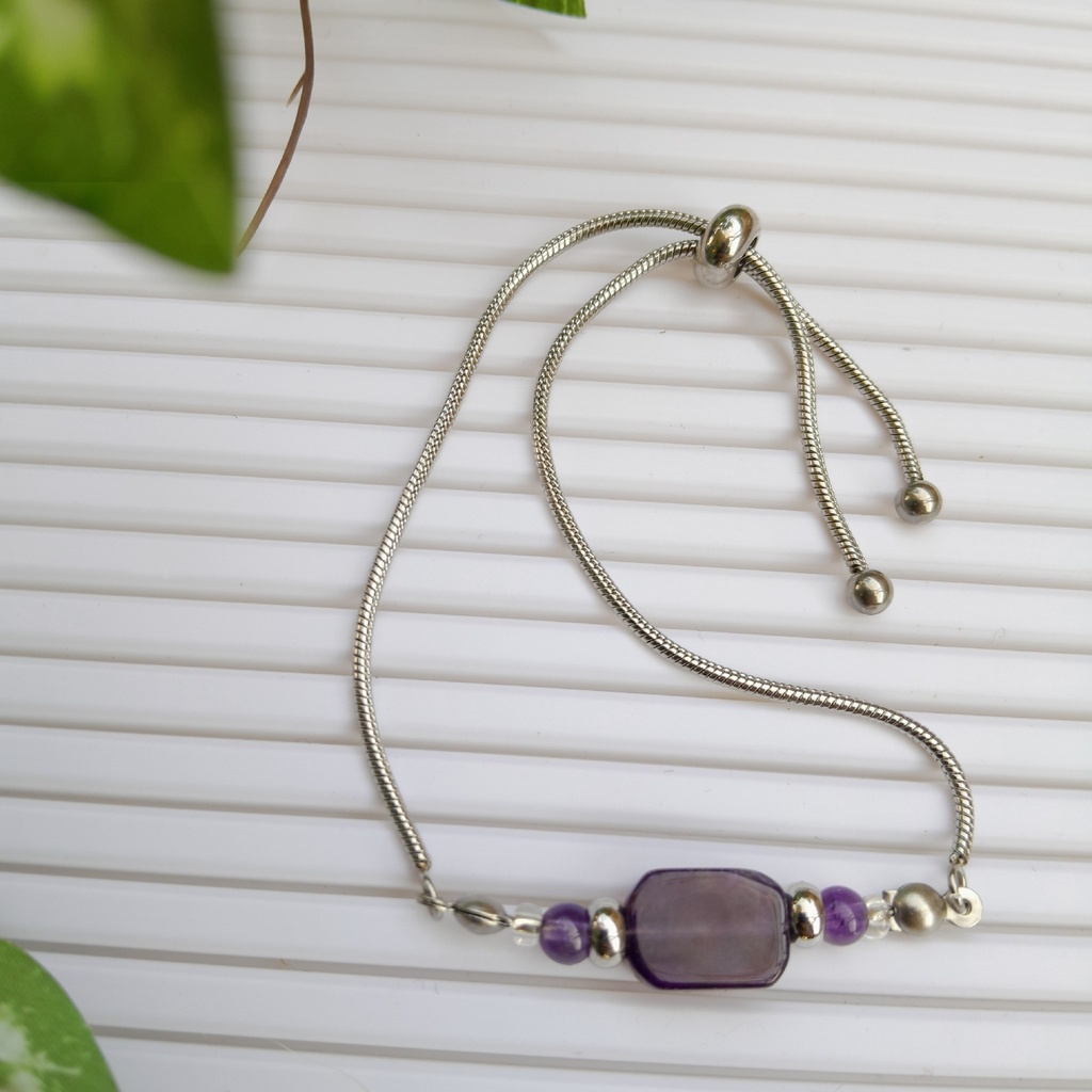 Stainless Steel Slider bracelet made with Natural Amethyst Stones