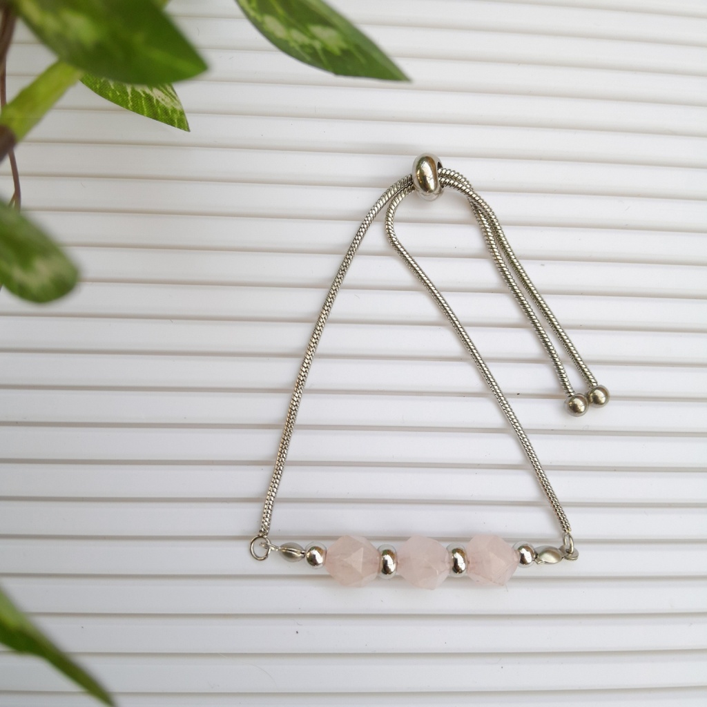 Stainless Steel Slider bracelet made with Natural Rose quartz Stones