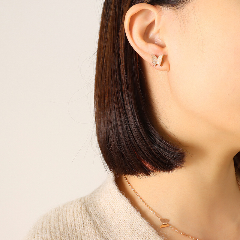 Rose Gold Titanium Steel Frosted Butterfly Earrings
