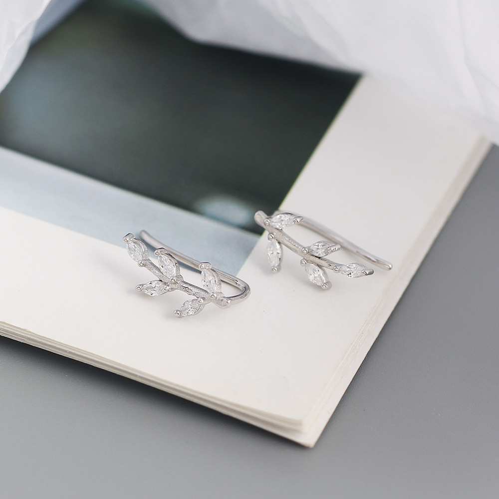 Sterling Silver Leaf Earrings with Cubic Zirconia Stones