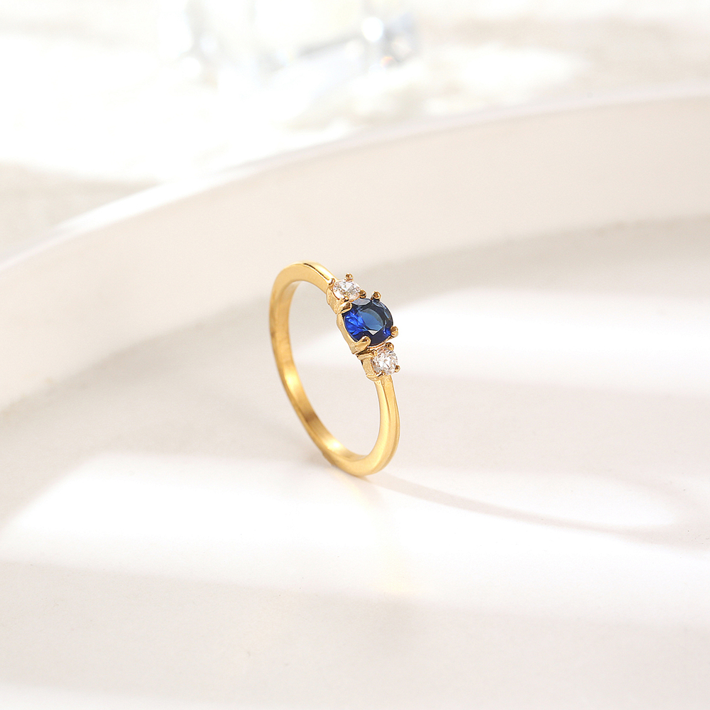 Gold Stainless Steel Ring with blue cubic zirconia