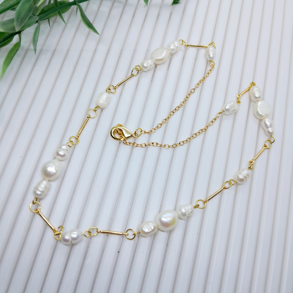 Natural fresh water pearl necklace with gold stainless steel chain 