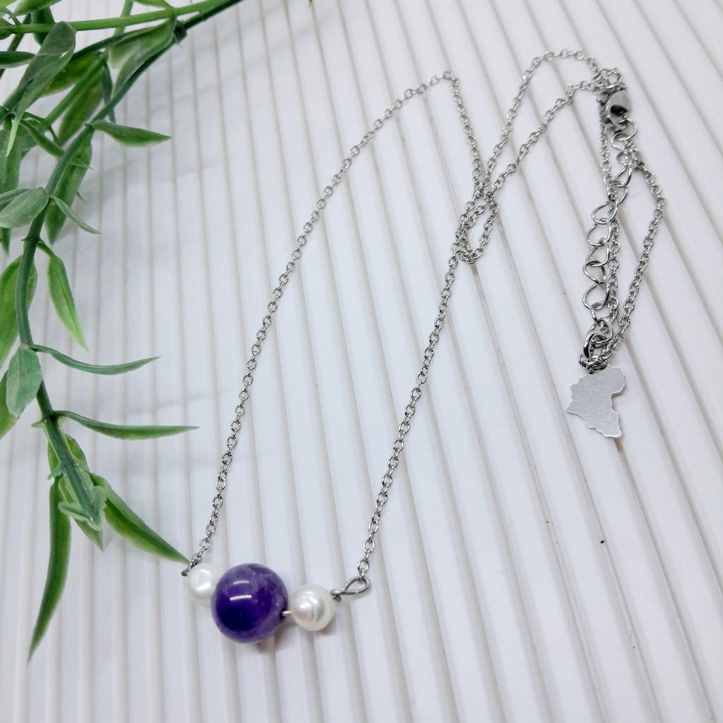 Natural Amethyst gemstone necklace on stainless steel wire