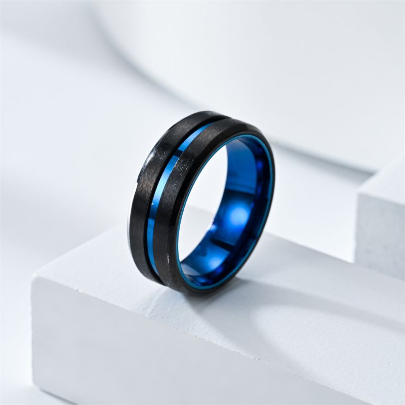 [ring29] 8mm wide Black & Blue Stainless Steel Geometric Ring #12